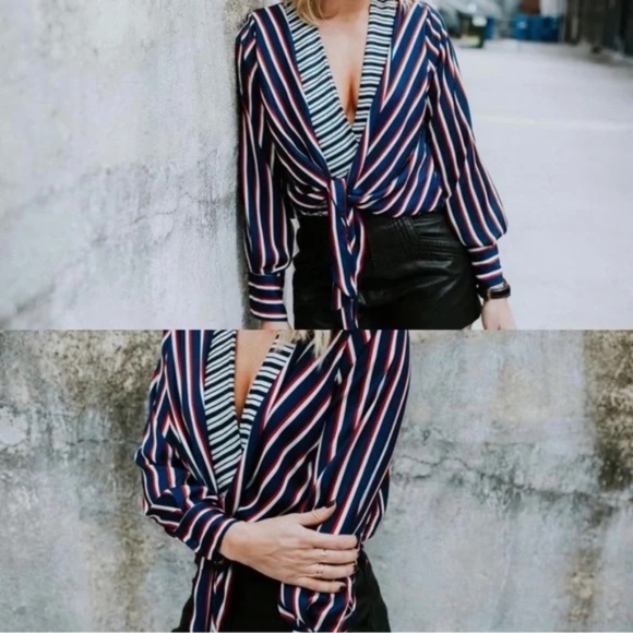 Zara Red White Blue Striped Long Sleeve Tie Front Bodysuit Size Medium - Picture 2 of 11